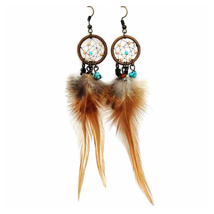 Boho dreamcatcher earrings with turquoise leaves – Raquel Jiménez Artesanía